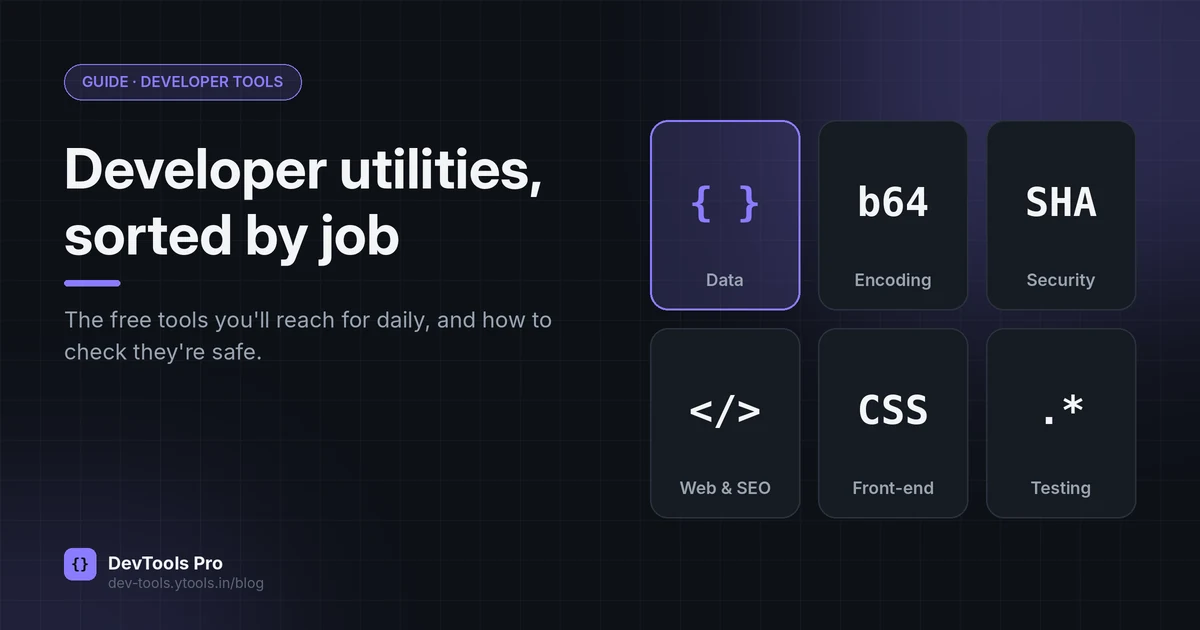 Six categories of developer utilities: data, encoding, security, web, design and testing