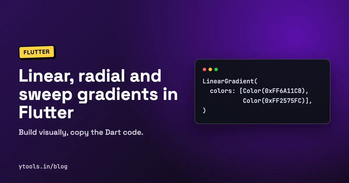 Hero card titled Flutter Gradient Guide showing linear, radial and sweep gradient swatches next to Dart code
