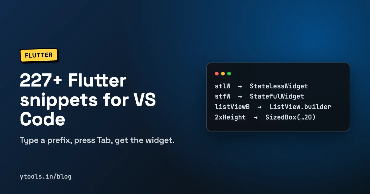 Hero card titled Flutter Snippets for VS Code, with a short prefix expanding into a Dart StatelessWidget class