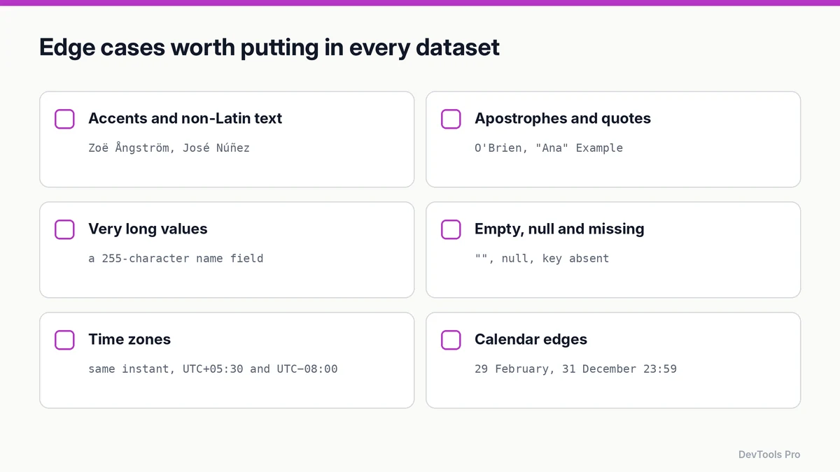 Six edge cases for test data: accented names, apostrophes and quotes, very long values, empty and null values, time zones and calendar edges
