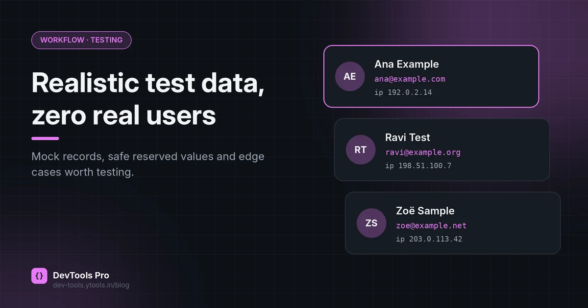 Generated mock user records using reserved example.com email addresses and documentation IP addresses